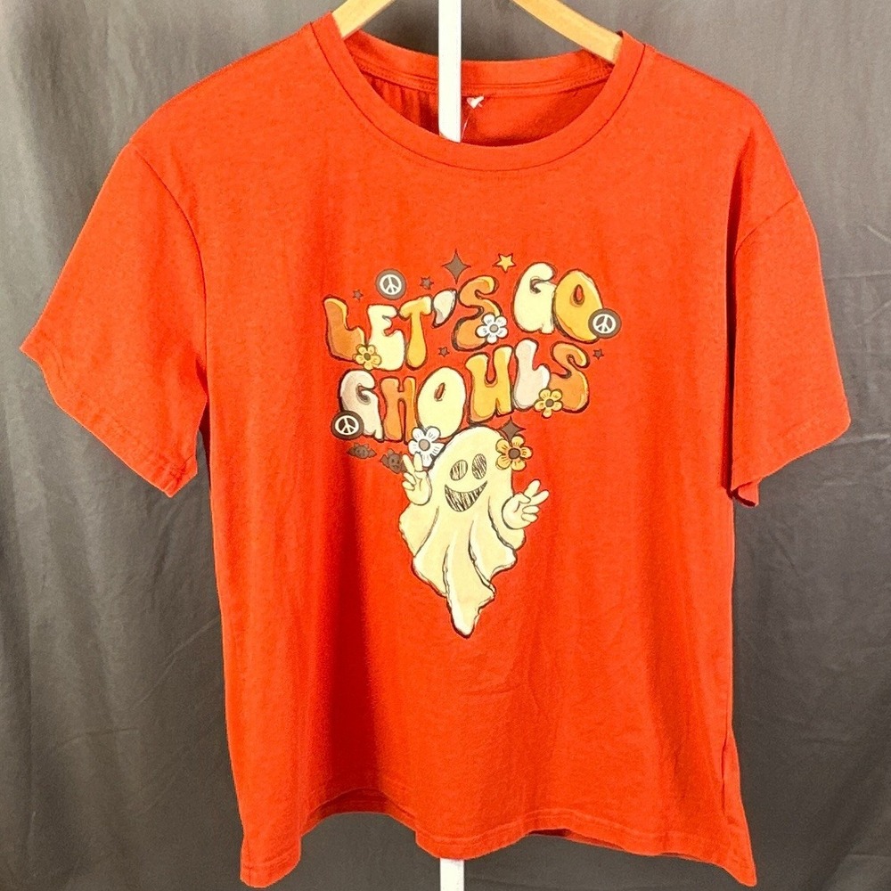 Lets Go Ghouls Halloween Ghost Graphic Tee Orange Retro Short Sleeve Shirt L